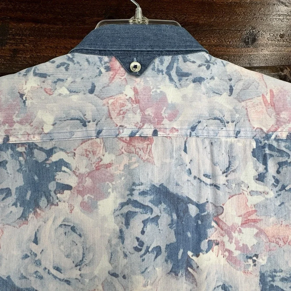 7 Diamonds Shirt  Abstract Print Polyester Cotton Blue Denim Collar Men's Size M